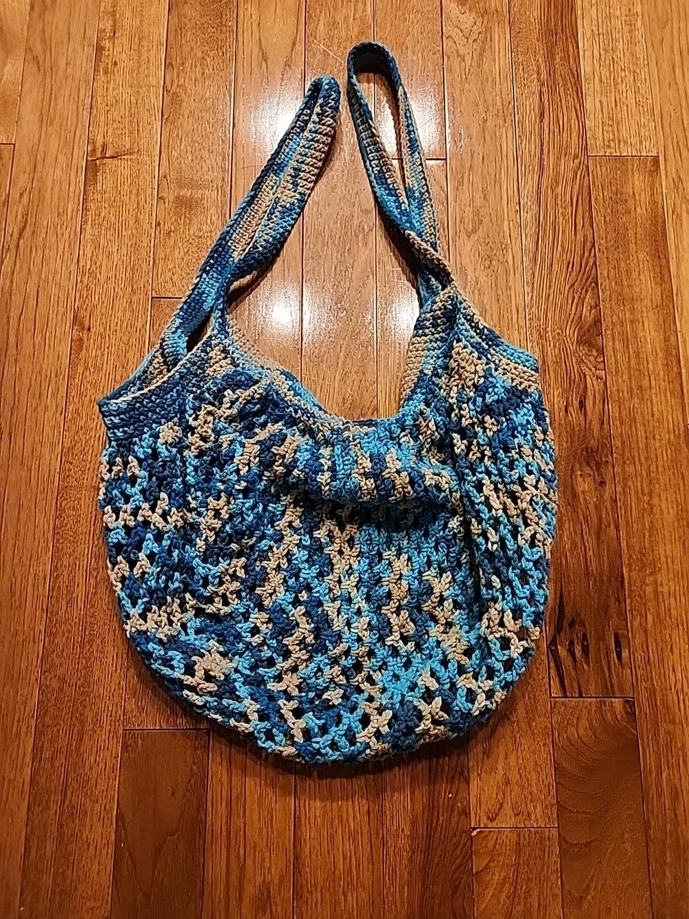 Handmade Crochet Blue Tan Large Slouchy Shoulder Tote Bag Boho